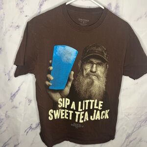 Duck Dynasty Uncle Si Brown Graphic T-Shirt with Blue Cup Design Sz M